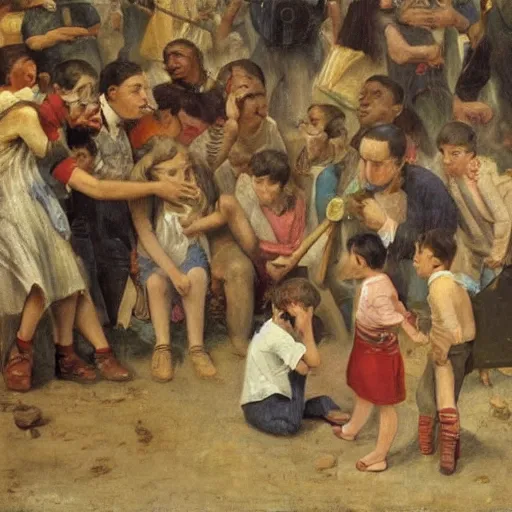 Prompt: an unfortunate child sits in tears in the center of the crowd, hugging his knees, and around there are children who brandish boomerangs and throw them at him. realism, socialist realism