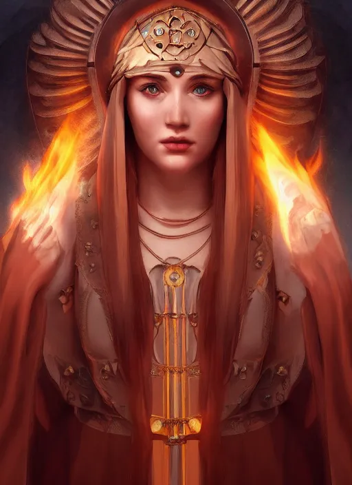 Image similar to Beautiful priestess from the oracle of Delphi, looking into the flames, greek mythology, high face detail, full body, digital art, trending on artstation, dramatic lighting