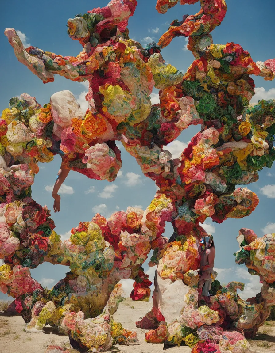 Image similar to a cowboy turning into blooms by slim aarons, by zhang kechun, by lynda benglis. tropical sea slugs, angular sharp tractor tires. complementary bold colors. warm soft volumetric dramatic light. national geographic. 8 k, rendered in octane, smooth gradients. angular sculpture by michelangelo.