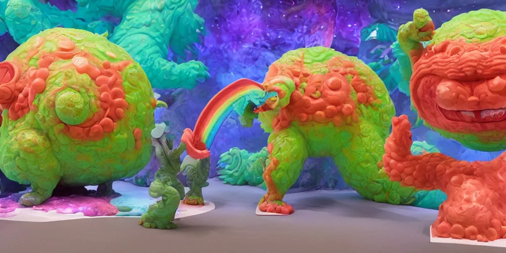 Image similar to a friendly kaiju made of porous rainbow gelatinous fleshy blobs, in the style of a ceramic masterpiece. The kaiju is smashing through an art museum gift shop!