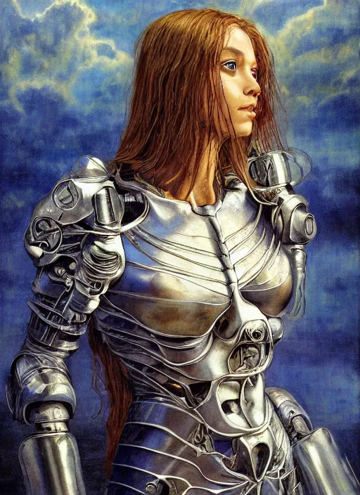 Image similar to a biblical diabolical beautiful female cyborg girl, long hair on the wind, adaptive armor, dynamic pose, heavy eyes to the side, art gallery, glowing veins and cracks, in clouds, sunset, portrait, by gerald brom, by mikhail vrubel, by peter elson, muted colors, extreme detail, reflections, trending on artstation, 8 k