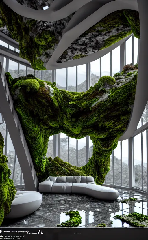 Image similar to highly detailed ultra sharp 3 d render villa interior cinematic composition of a smooth ceramic porcelain biomorphic magnolia stone nebula fluid fractal sci - fi surreal architecture landscape, granite, metallic, magnesium, marble, moss and lichen, vincent callebaut composition, mamou - mani, archviz, beautiful lighting, 8 k, unreal engine, hdr,