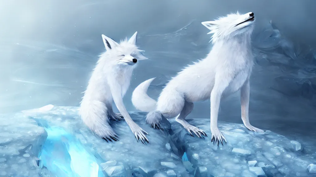 Prompt: white - haired anime fox lizard frozen in an ice floe, intricate, highly detailed, smooth, wide shot, artstation, digital illustration by ruan jia