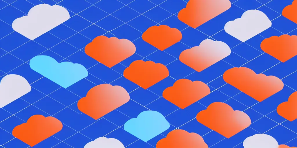 Image similar to Cloud servers, network, isometric view from above. Minimalistic design, contemporary design, infographics. Logo, Abstract Design. Blue, cyan and orange palette. Vivid, 8K, Epic, Masterpiece