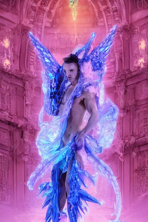 Prompt: photo of full-body rococo and cyberpunk delicate neon crystalline sculpture of ((handsome muscular onyx albino prince Liam Payne)) as an blue iridescent humanoid deity wearing ((peach plastic hooded cloak)) (holding an onyx skull) in a onyx castle dungeon, reclining, glowing pink face, crown of (pink lasers), large blue diamonds, swirling black silk fabric. futuristic elements. oozing glowing liquid, full-length view. space robots. intricate artwork by caravaggio. Trending on artstation, octane render, cinematic lighting from the right, hyper realism, photorealistic, octane render, 8k, depth of field, 3D