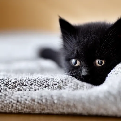 Prompt: a cute tiny black kitten on a blanket, cute photo, 4 k hd