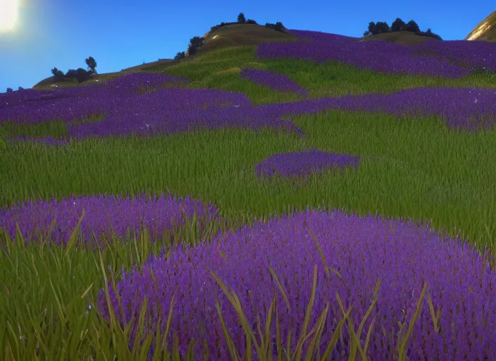 Image similar to fields full of flowers and blue sky with hills in the background. Intricate. Very detailed 8k. Fantasy horror. Sharp. Cinematic post-processing. Unreal engine. Nanite. Ray tracing. Parallax. Tessellation