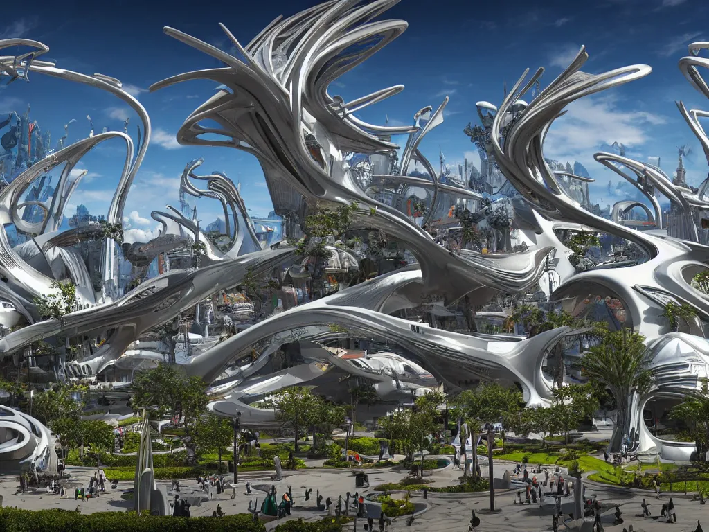 Image similar to a busy elaborate ornate outdoor sci - fi park, cinematic, shadows, partly cloudy day, 4 k, detailed, by zaha hadid and basquiat