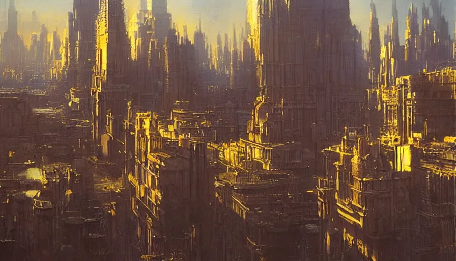 Image similar to city of golden shadows, intricate detailed painting, cityscape, john harris