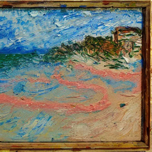 Image similar to oil paint impasto relief, beautiful italian beach scene, multi layered thick brush marks, some splattered paint, in the style of monet and frank auerbach and van gogh
