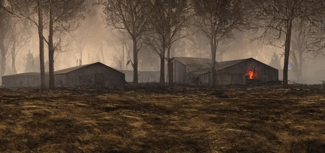 Prompt: full portrait of a desolate farm::forest behind the barn is on fire:: smoke, flames, dark, gloomy, horror, screaming:: insanely detailed, photorealistic::