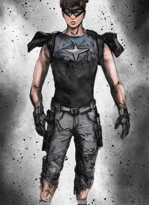 Image similar to concept art. digital art. young man wearing modern superhero costume. worn and tattered. patched together. ( ( tactical ) ). black.