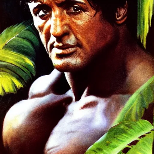 Prompt: color portrait of sylvester stallone in the jungle by frank frazetta