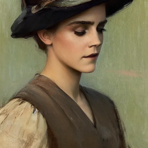 Prompt: very thick paint brush strokes paint texture full body fashion model emma watson by Jeremy Lipking by Hasui Kawase by Richard Schmid (((smokey eyes makeup eye shadow fantasy, glow, shimmer as victorian woman in a long white frilly lace dress and a large white hat having tea in a sunroom filled with flowers, roses and lush fern flowers ,intricate, night, highly detailed, dramatic lighting))) , high quality