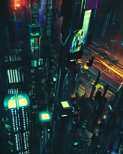 Prompt: cyberpunk scifi scene of a city at night, aerial view, craft flying, artstation, matt painting, very detailed, maximalism, ambient occlusion, volumetric light, atmospheric haze, unreal engine, hyper realism, realistic shading, cinematic composition, realistic render, octane render, detailed textures, photorealistic, wide shot