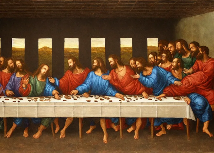 Prompt: the last supper painting half burned, half on fire