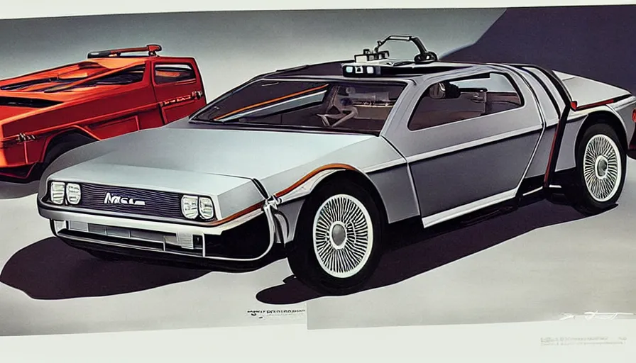 Prompt: 1955 DeLorean as designed by Ford concept by Syd Mead, full color catalog print