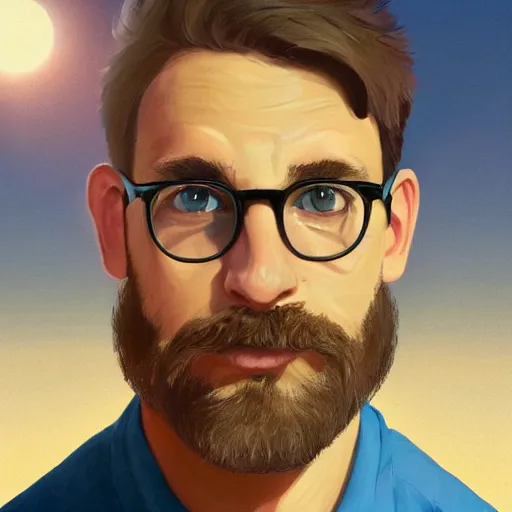 Prompt: Man from frog perspective in his 30s, light brown hair and salt-and-pepper hair with a short beard, thick dark glasses, blue eyes, big nose, wearing a shirt and a jean, digital painting, 4k, rays of light, particles light, artstation, kuvshinov ilya, landscape by Noah Bradley