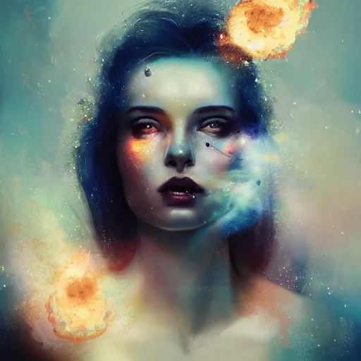 Image similar to a hyperdetailed portrait matte paitning of a beautiful woman blowing iridescent smoke depicted as a nebulous explosion, by vanessa lemen by charlie bowater by ross tran by beeple