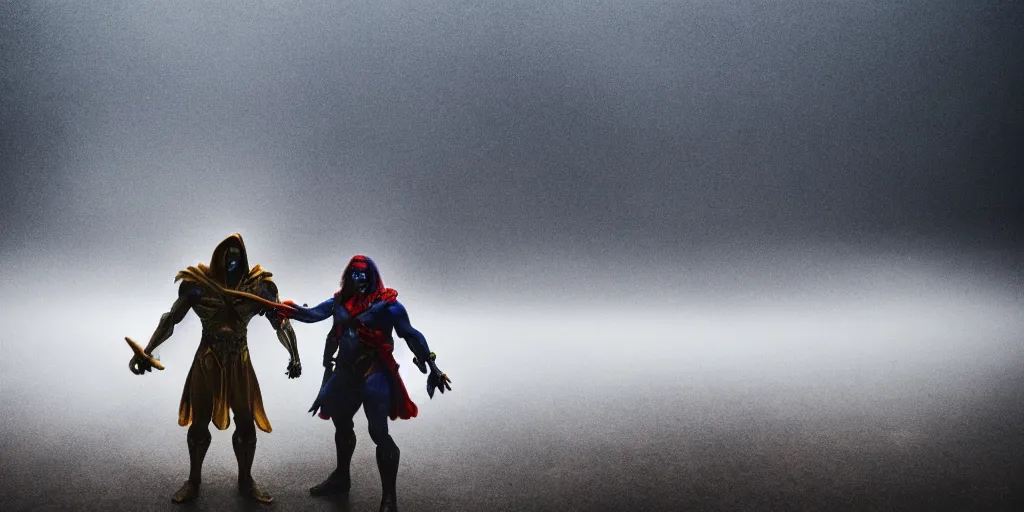 Image similar to skeletor fighting he - man, fog on the ground, heavy rain, lightning, moody lighting, shallow depth of field,