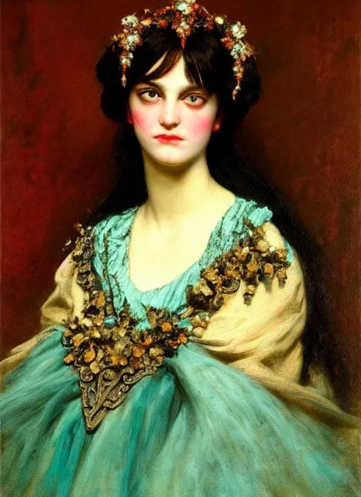 Image similar to ( ( gothic # ) ) princess portrait *. *. by william henry hunt * *, highly detailded, turquoise rust