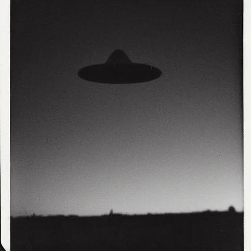 Image similar to polaroid photograph of ufo taken, two dark, silhoutted aliens are in front of it, hanebau, 1 9 5 0 s, black and white, blurry