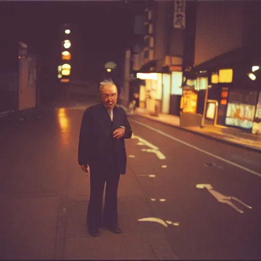 Prompt: landscape, old man in tokyo at night, wearing gold chain, gold rings, cinestill 8 0 0,