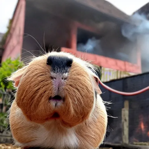 Image similar to a Guinea pig taking a selfie in front of a burning house