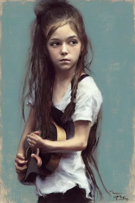 Image similar to “ little girl, pigtails hairstyle, practicing guitar, jeremy lipking, joseph todorovitch, casey baugh ”