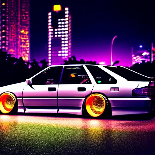 Prompt: a cyberpunk car JZX100 turbo at illegal car meet, Saitama prefecture, city midnight mist lights, cinematic color, photorealistic, highly detailed, 200MM