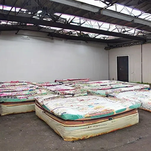 Image similar to a warehouse filled with forts made from mattresses