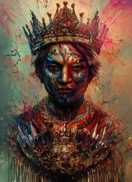 Image similar to a humanoid king tiger with a crown, atmospheric beautiful by stanley artgerm, tom bagshaw, arthur adams, carne griffiths, trending on deviant art, street art, chillwave, maximalist, full of color, glittering, 8 k, hd