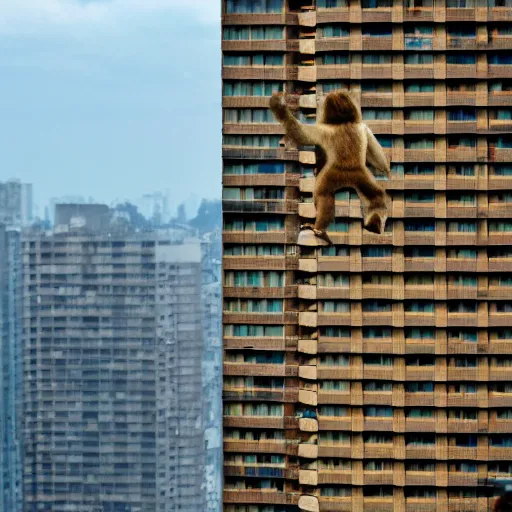 Image similar to king kong donkey kong peering in a high rise fancy apartment window, beautiful lighting action movie still from inside the apartment