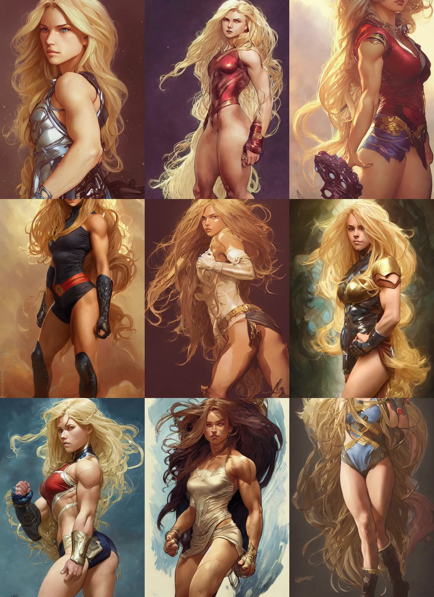 Image similar to a very muscled and young superhero girl with a focused face and extremely long blonde wavy hair, intricate detailed face, artgerm, greg rutkowski, alphonse mucha