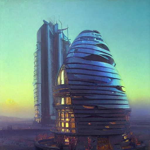 Prompt: painting of syd mead artlilery scifi organic shaped skyscraper with ornate metal work lands on a farm, fossil ornaments, volumetric lights, purple sun, andreas achenbach