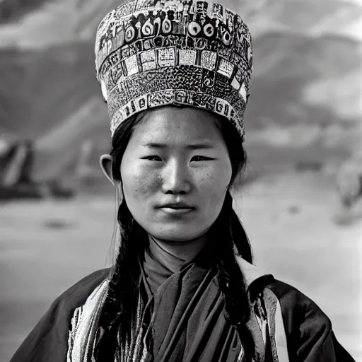 Prompt: a Sebastião Salgado's photograph of portrait a tibetan young woman wearing a traditional dress looking at the camera, high quality, award wining, 4k