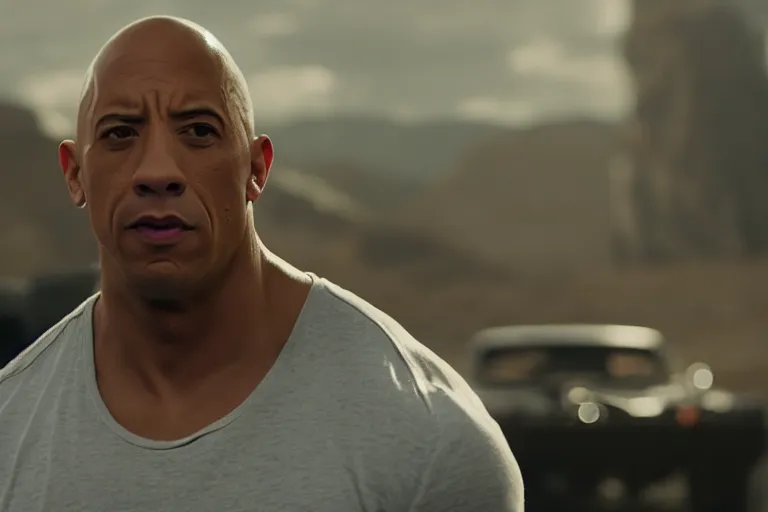 Image similar to vin diesel as dwayne johnson flexing and yelling let's go!, fast furious, low isometric perspective, cinematic still, movie still, long lens, shallow depth of field, bokeh, anamorphic lens flare, 8 k, hyper detailed, 3 5 mm film grain