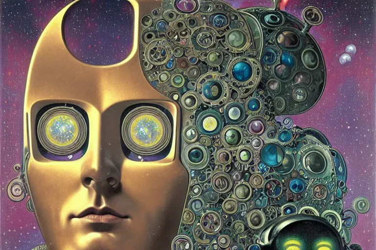 Prompt: 1 9 6 9 hippy robot, large metal mustache, muted colors, benevolent, starry nebula background, glowing eyes, detailed realistic surreal retro robot in full regal attire. face portrait. art nouveau, visionary, baroque, giant fractal details. vertical symmetry by rene magritte, alphonse mucha. highly detailed, realistic