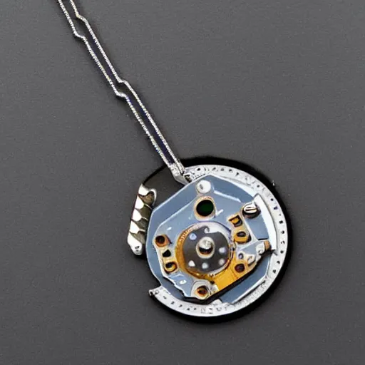 Image similar to a photo of a necklace with a speed controller and circuit boards hanging from it, jewelry, 4k