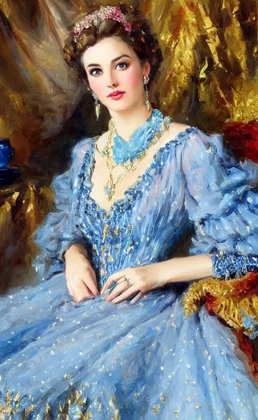 Image similar to Elegant laydy in blue victorian dress with gold ornaments. By Konstantin Razumov, highly detailded