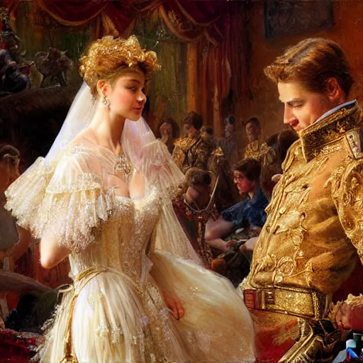 Image similar to detailed painting of prince william marrying attractive gigi hadid, highly detailed painting by gaston bussiere, craig mullins, j. c. leyendecker 8 k, watercolor, royal painting, painting, traditional art