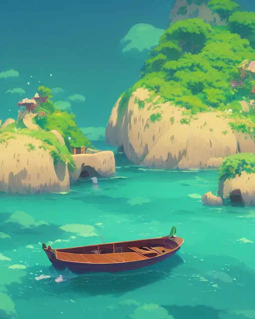 Image similar to small wooden boats around turtle shaped island, lush vegetation, azure water, glowing light, cory loftis, james gilleard, atey ghailan, makoto shinkai, goro fujita, studio ghibli, rim light, exquisite lighting, clear focus, very coherent, plain background, soft painting