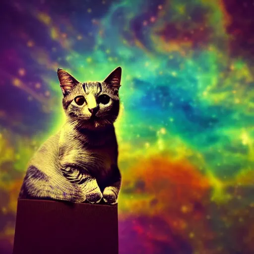 Image similar to cat floating in heavenly cosmic space, dark and magical, shallow depth of field, award - winning 4 k photography