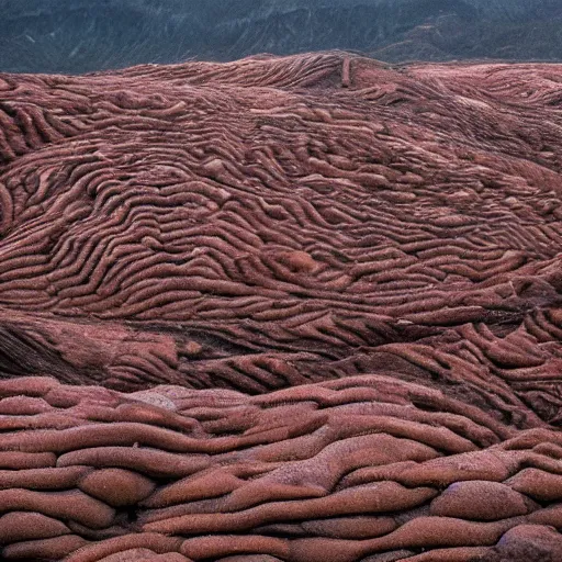 Image similar to a dreamlike landscape where all the hills are made of chicken skin and they have those little bumps and look kind of damp