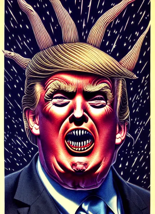 Image similar to donald trump's grotesque true form revealed, horror, high details, intricate details, by vincent di fate, artgerm julie bell beeple, 1 9 8 0 s, inking, vintage 8 0 s print, screen print