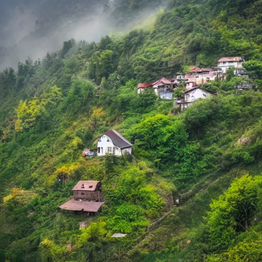 Prompt: village on a steep cliff side, wide angle, fog layer, foliage, far away shot