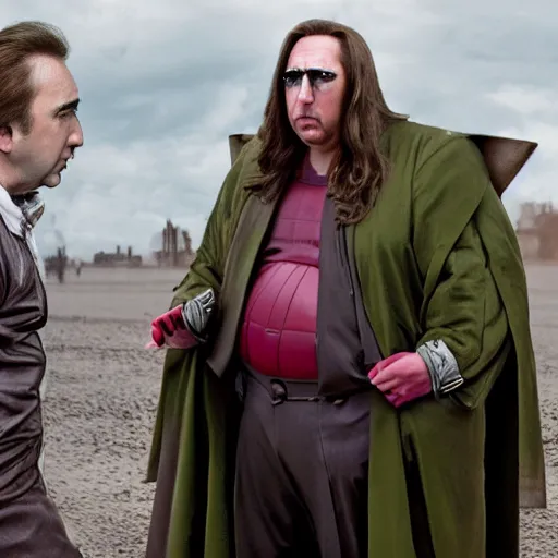 Image similar to a fat nic cage playing magneto, hd digital photography, mobie still