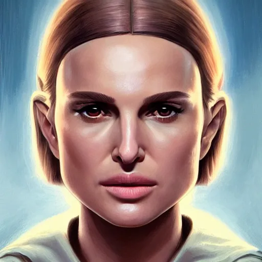 Prompt: natalie portman, three - quarter view, female, jedi master, wearing the traditional jedi robe, beautiful and uniquely odd looking, detailed symmetrical close up portrait, intricate complexity, in the style of artgerm and ilya kuvshinov, magic the gathering, star wars art,