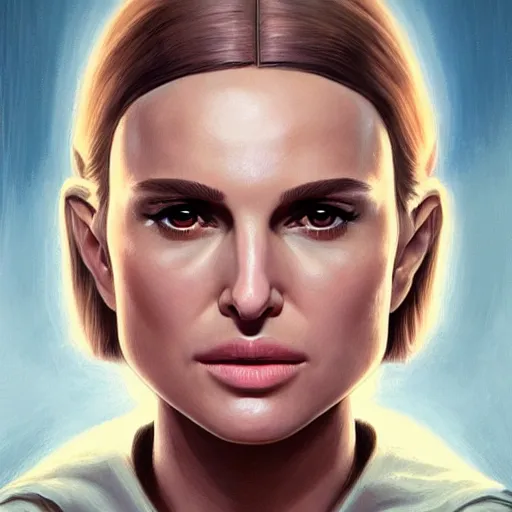 Image similar to natalie portman, three - quarter view, female, jedi master, wearing the traditional jedi robe, beautiful and uniquely odd looking, detailed symmetrical close up portrait, intricate complexity, in the style of artgerm and ilya kuvshinov, magic the gathering, star wars art,