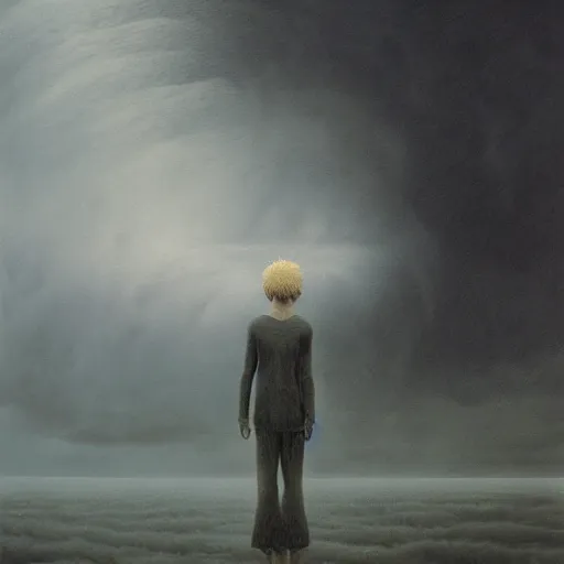 Image similar to killua zoldyck made by zdzisław beksinski, thunderstorm, 8 k, detailed, cinematic, rain, crying, black